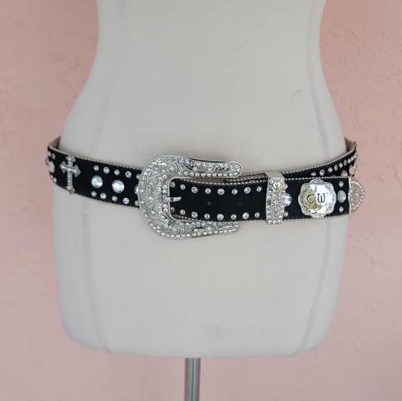 CW Accessories - CW Country Western Crystal & Rhinestone Studded Leather Black Belt